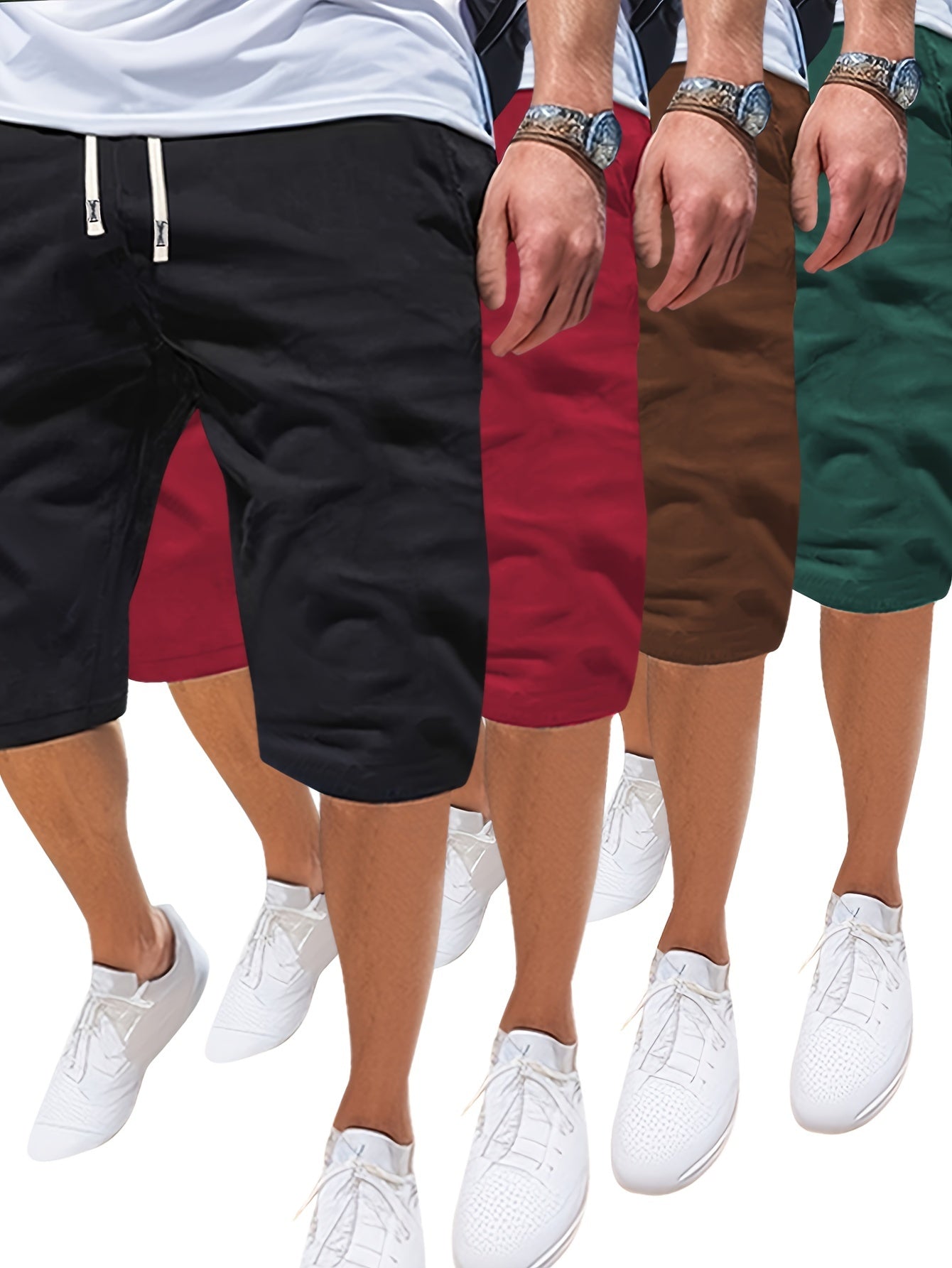 Summer Solid 4pcs Men's Drawstring Shorts - With Pockets For Outdoor Sports and Beach Holiday