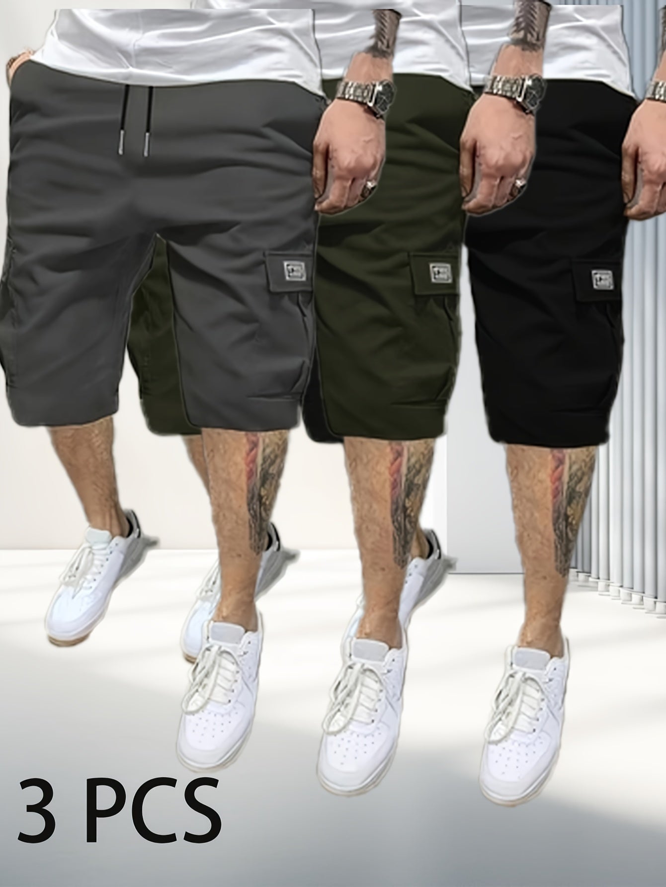 Summer 3-Pack Men's Casual Cargo Shorts - 100% Polyester, Solid Color, Regular Fit with Pockets - 390g/m² Non-Stretch Fabric, Loose Straight Leg Sports Trousers