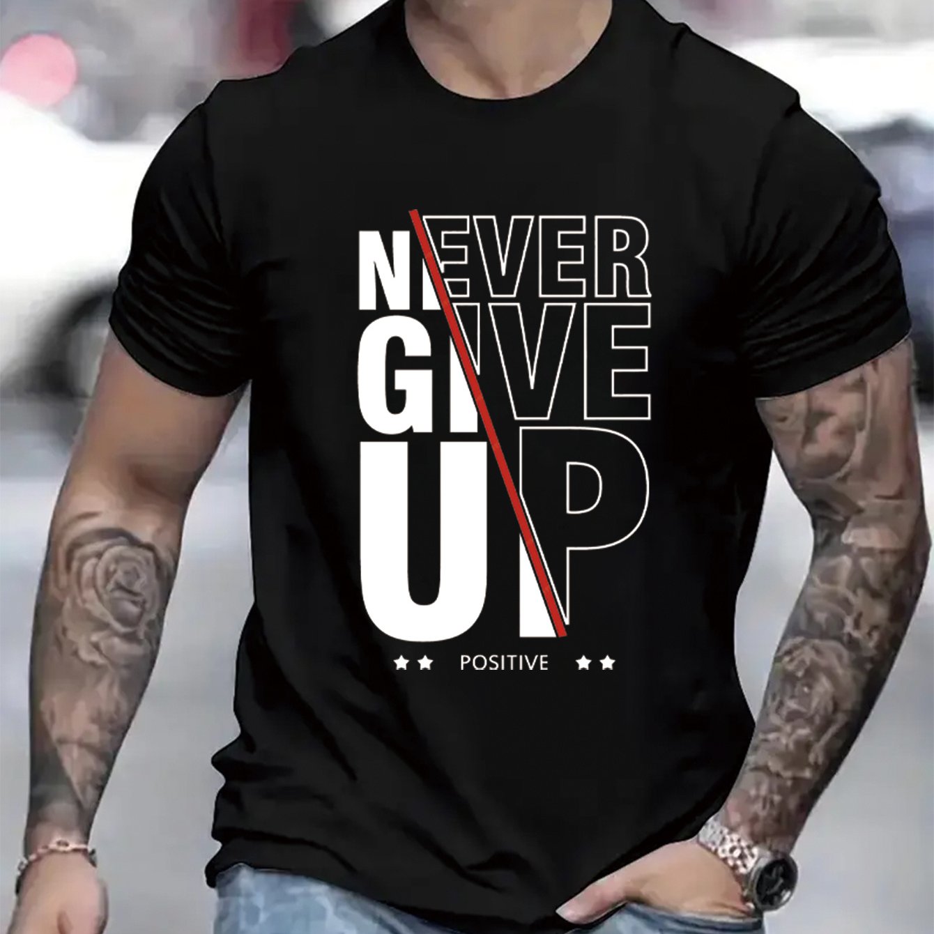 Comfy Casual Never Give Up Print Men's Short Sleeve T-Shirts - Elastic Crew Neck Tops For Outdoor Activities