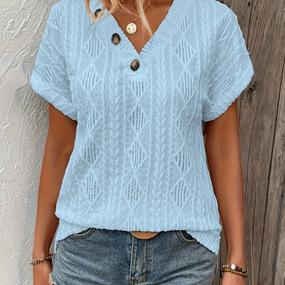 Casual Textured V Neck Short Sleeve - Button Decor T-Shirt For Spring & Summer - Women's Clothing