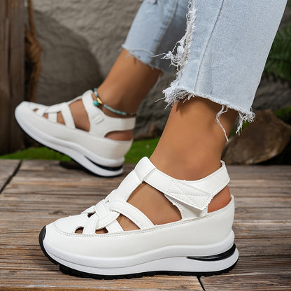 Pair of Chic Summer Women's White Platform Sandals - Comfortable Thick Sole Wedge Heels with Easy Hook-and-loop Fastener Strap, Faux Cover, Rubber Sole for Enhanced Grip, Strappy Sandals