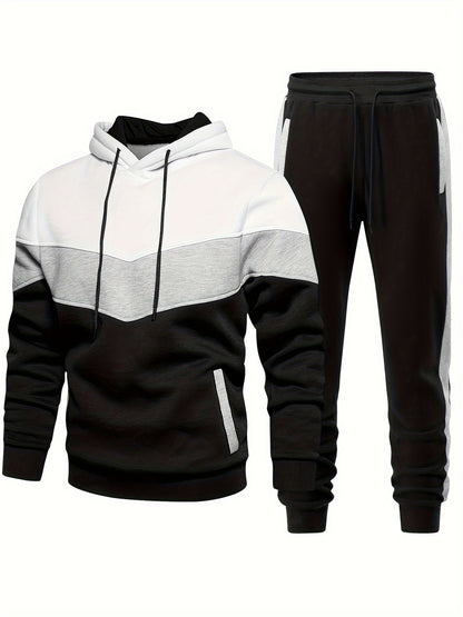 [2-piece Athletic Tracksuit Set] 2-piece Color Block Men's Athletic Tracksuit Set, Casual Long Sleeve Hoodie With Drawstring And Jogging Pants Set For Gym Workout Running