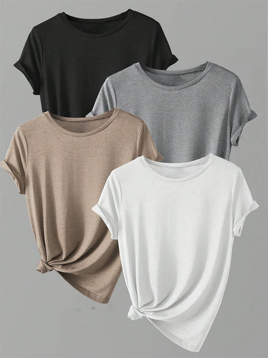 4pcs Spring & Summer Casual Crew Neck Short Sleeve Solid T-Shirt - Women's Clothing