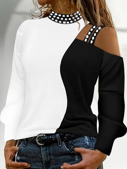 Chic Off-Shoulder Top - Color Block, Stretchy Polyester Blend, Machine Washable, Casual Long Sleeve for All Season Wear