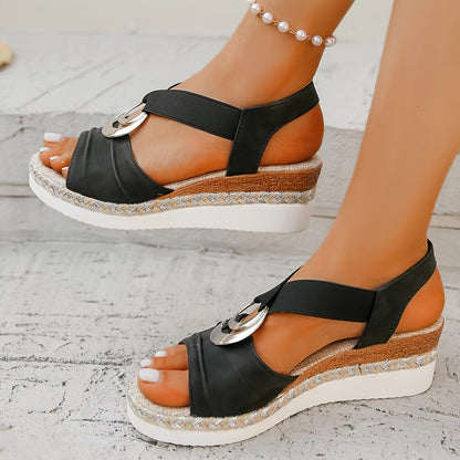 Summer New Solid Color Platform Mid Heel Sandals for Beach - Ladies' Open Toe - Fabric Upper, Synthetic Inner, PU Sole, Fabric Insole, Pull on Closure