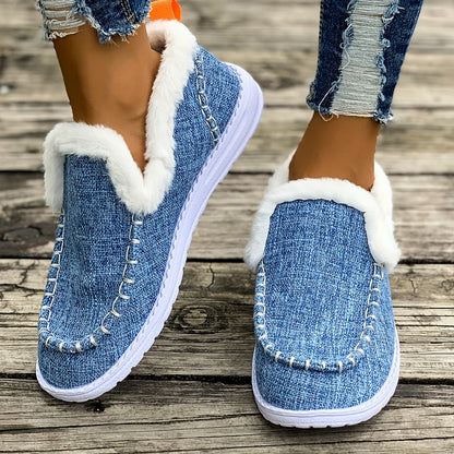 Women's Cozy Winter Slip-On Loafers - Plush Lining, Warm Denim Blue, EVA Sole, Round Toe, Fluffy Fur Trim for Casual Winter Style