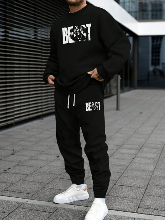 Autumn Beast Animal Pattern Print Men's Sweatshirt Set - Casual Alphabet Print Sweatshirt and Waist Drawstring Trousers