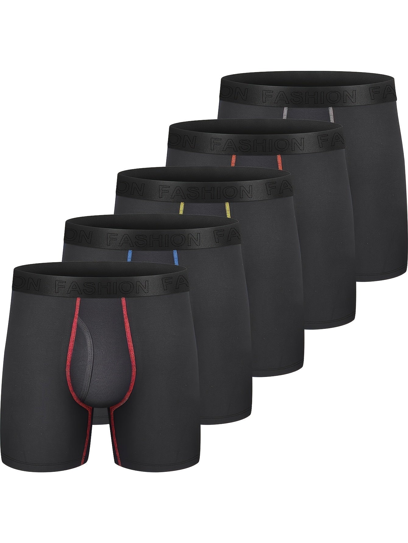 5pcs Men's Cotton Boxer Briefs - No Ride, Fly Design, Breathable & Comfortable Underwear, Black with Red/Yellow/Blue/White Stripes, Machine Washable