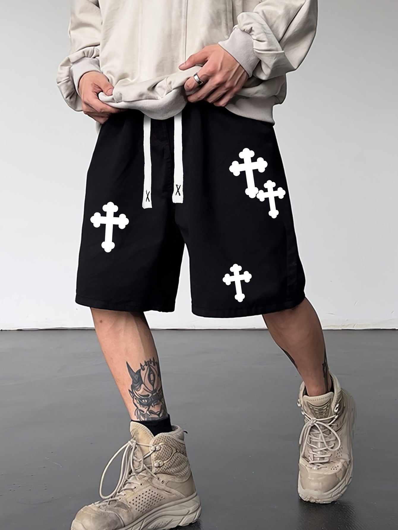 Black Polyester Casual Shorts - Regular Fit, Drawstring, Machine Washable & Dry Cleanable, Knit Fabric with White Cross Design