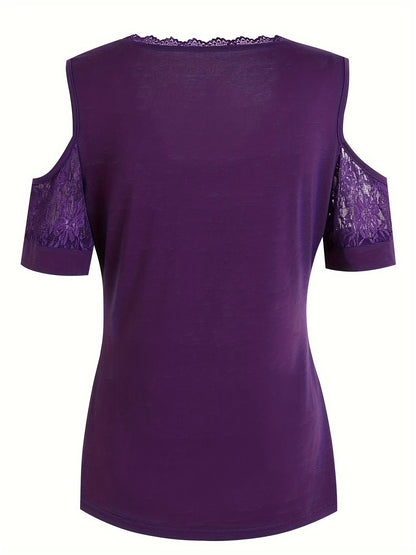 [Short Sleeve Elegant Purple T-Shirt] Chic Off-Shoulder Lace Sleeve T-Shirt with Decorative Buttons - V-Neck, Short Sleeve, Stretchy Polyester Blend, Machine Washable - Elegant Purple