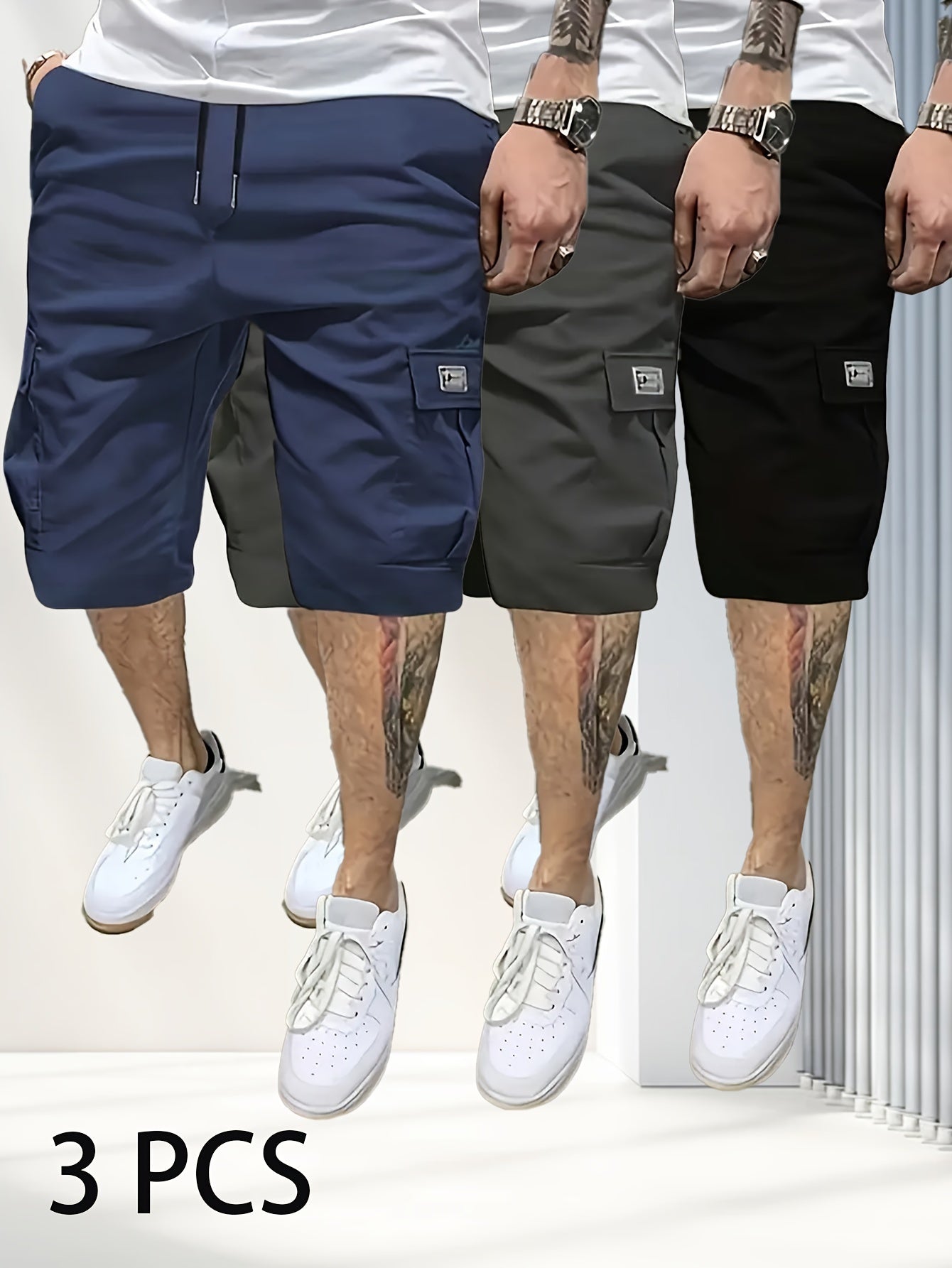 Summer 3-Pack Men's Casual Cargo Shorts - 100% Polyester, Solid Color, Regular Fit with Pockets - 390g/m² Non-Stretch Fabric, Loose Straight Leg Sports Trousers