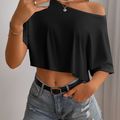 [Polyester Off-Shoulder Crop Top] Breathable Polyester Blend Off-Shoulder Crop Top T-Shirt - Casual Style, Machine Washable, Solid Color, Perfect for All Seasons