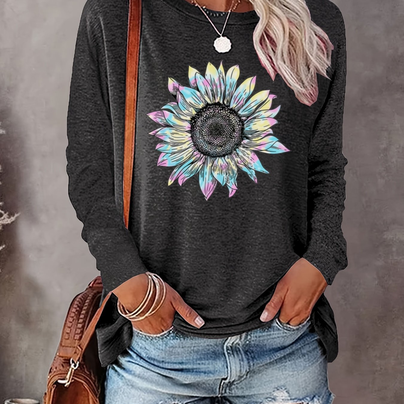 Casual Long Sleeve Sunflower Print Crew Neck Top - Women's Clothing for Spring & Fall