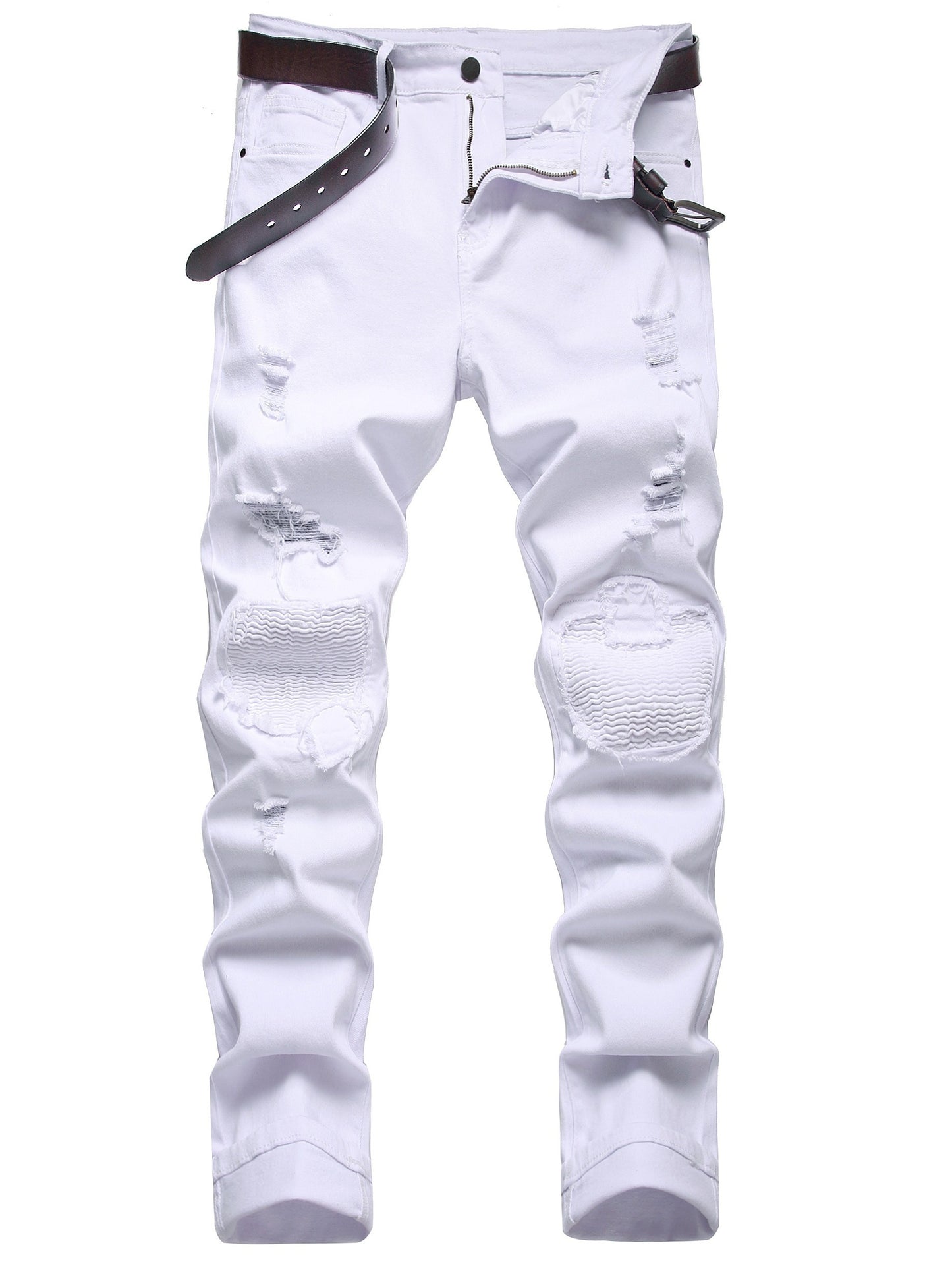 [White Ripped Slim Trend Jeans] Men's white ripped stretch slim casual trend jeans