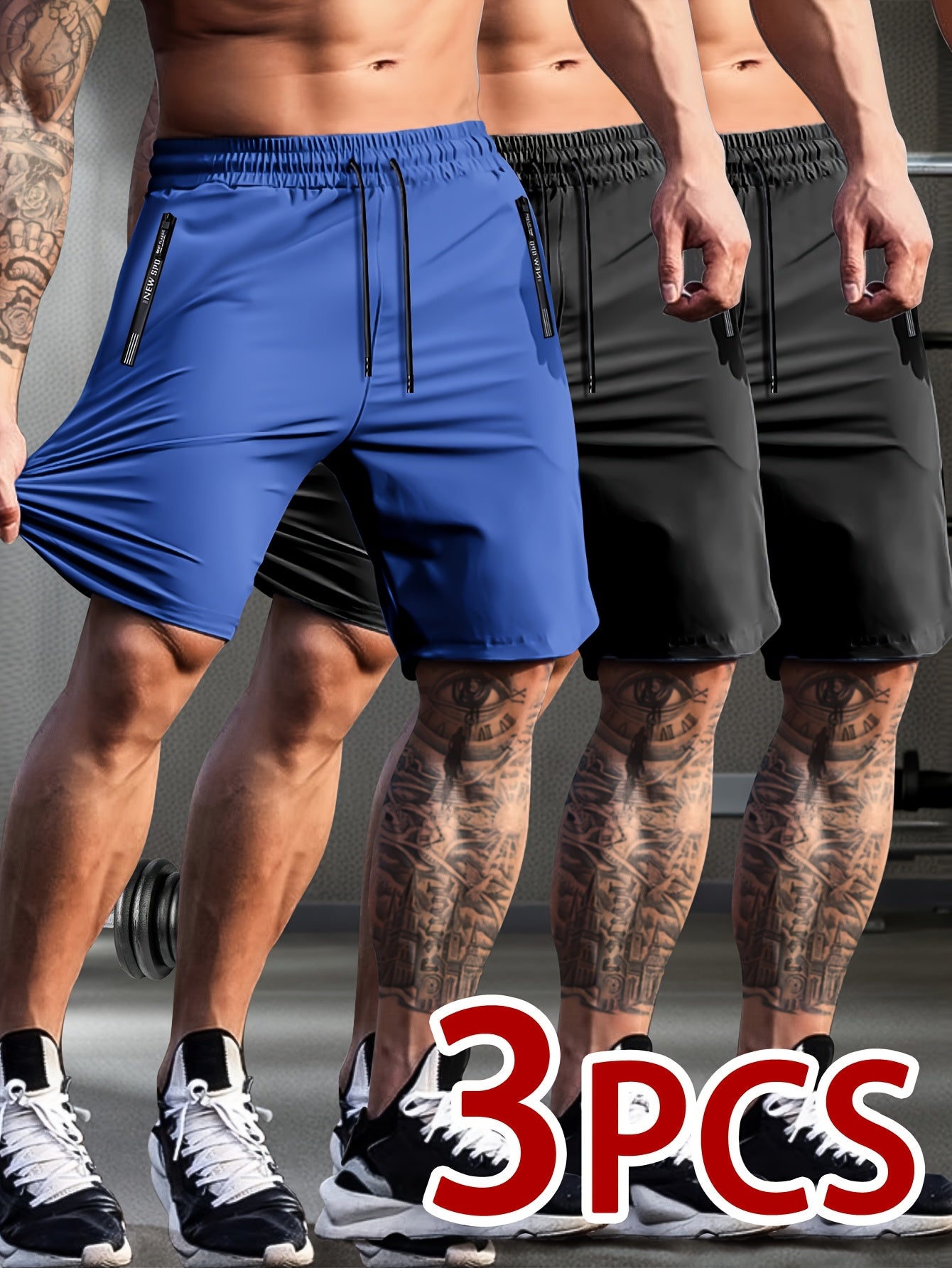 Set of 3 Breathable High-Elastic Drawstring Waist Shorts with Zipper Pockets for Men'S Casual Sports And Jogging.