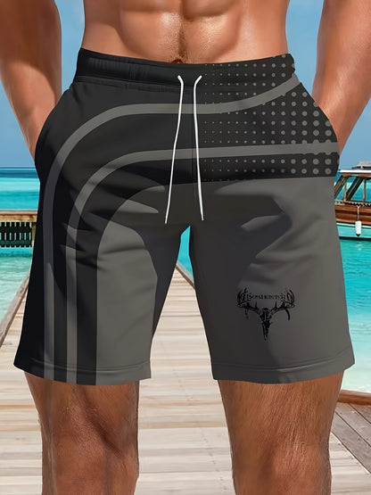 Men's Stylish Geometric Print Swim Trunks with Pockets, Breathable Drawstring Waist, Black & Gray Design, Perfect for Beach & Outdoor Activities