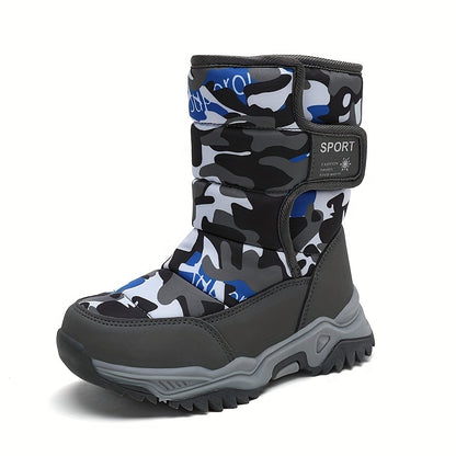 Youngsters' High-Top Winter Snow Boots - Warm Insulated TPR Sole & EVA Cushion, Camouflage Pattern (Blue/Black/Pink/Beige) | Unisex Youngsters & Youth Cold Weather Boots for Outdoor Activities