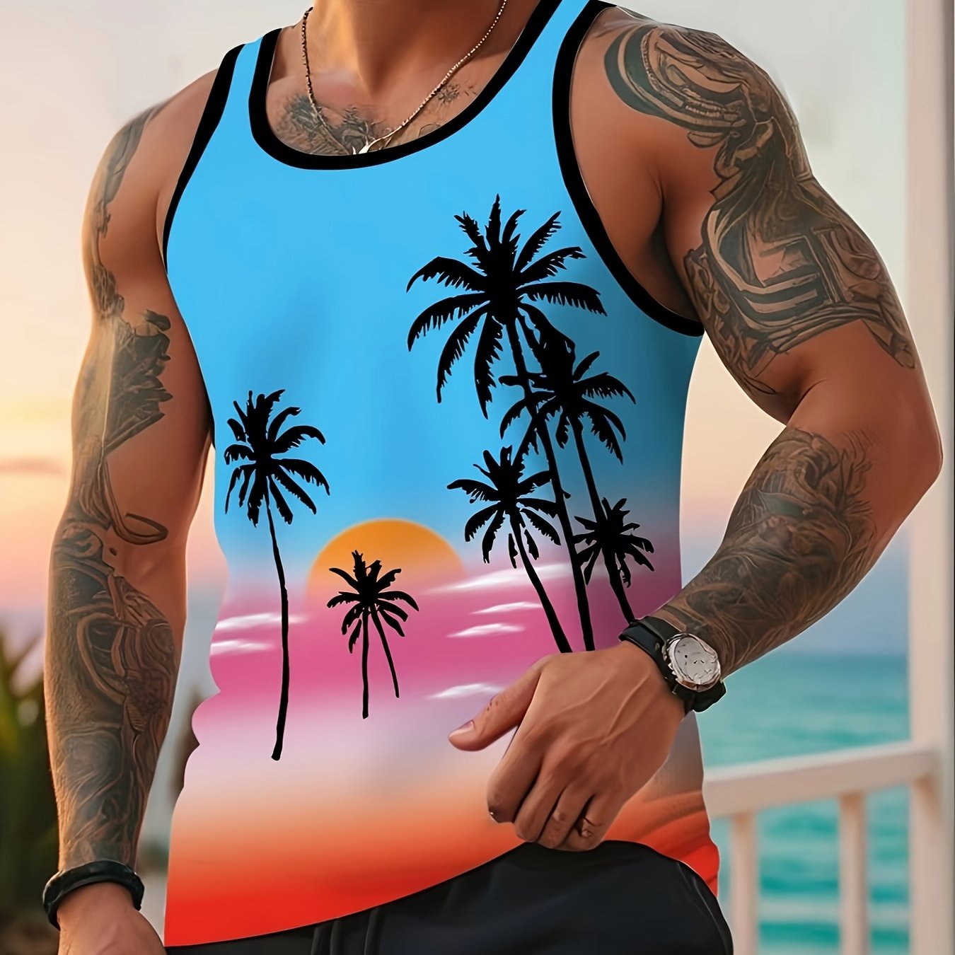 Men'S Stylish Beach Tank Top with Trendy Palm Tree Design. Premium Quality Digital Print.