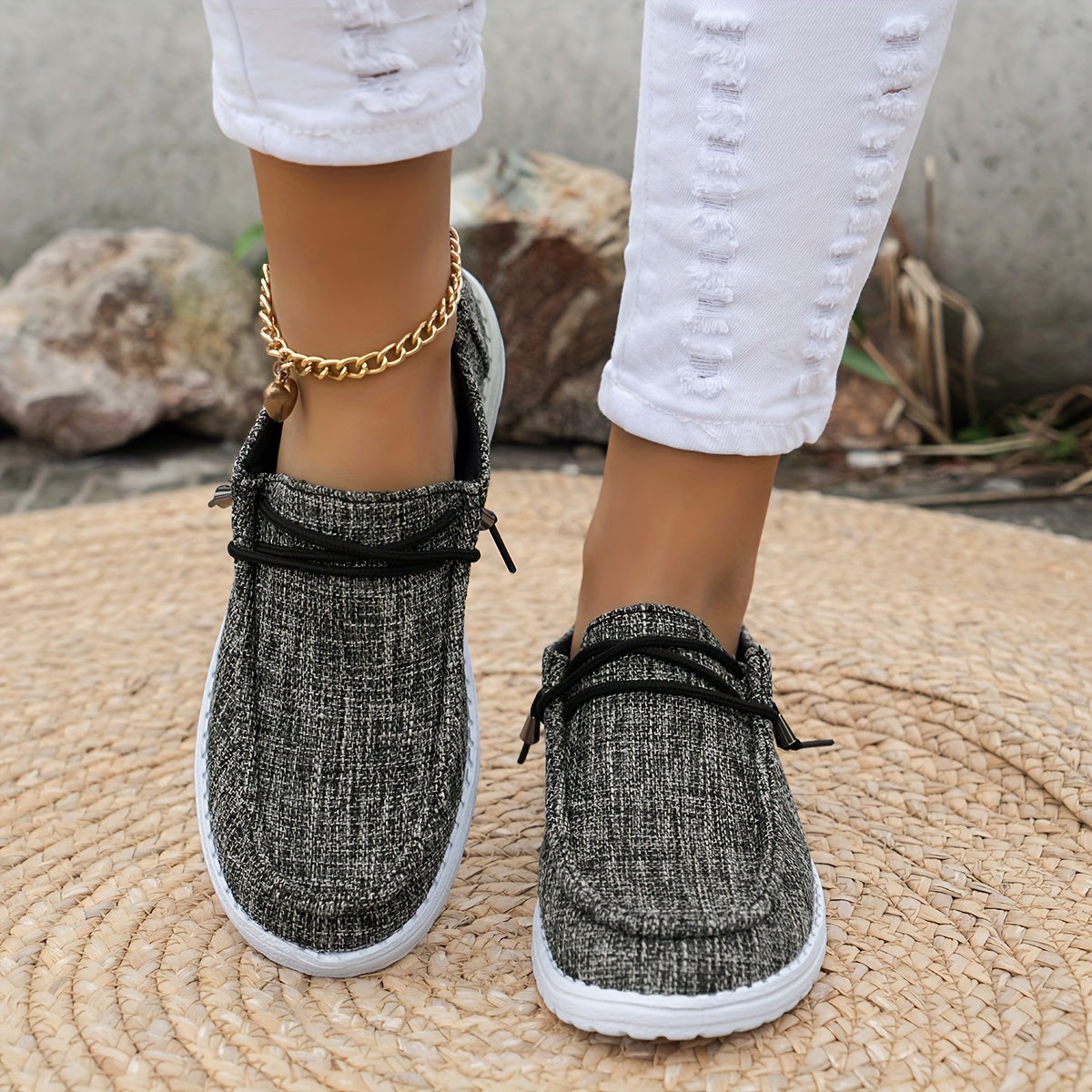 [Soft Casual Shoes] Breathable Non-slip Women's Casual Shoes - Soft and Lightweight Fabric Loafers with Solid Color Patterns, Round Head Elastic Laces, Flat Bottom Sports Daily Light Work Shoes