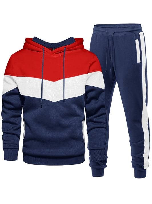 [2-piece Athletic Tracksuit Set] 2-piece Color Block Men's Athletic Tracksuit Set, Casual Long Sleeve Hoodie With Drawstring And Jogging Pants Set For Gym Workout Running