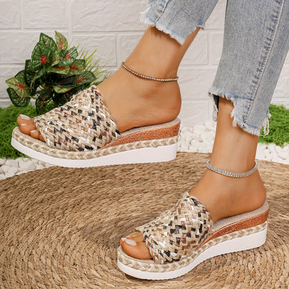 [Colorful Woven Straw Sandals] Women's Colorful Woven Straw Sandals, Platform Slip On Summer Holiday Shoes, Comfort Wedge Beach Shoes