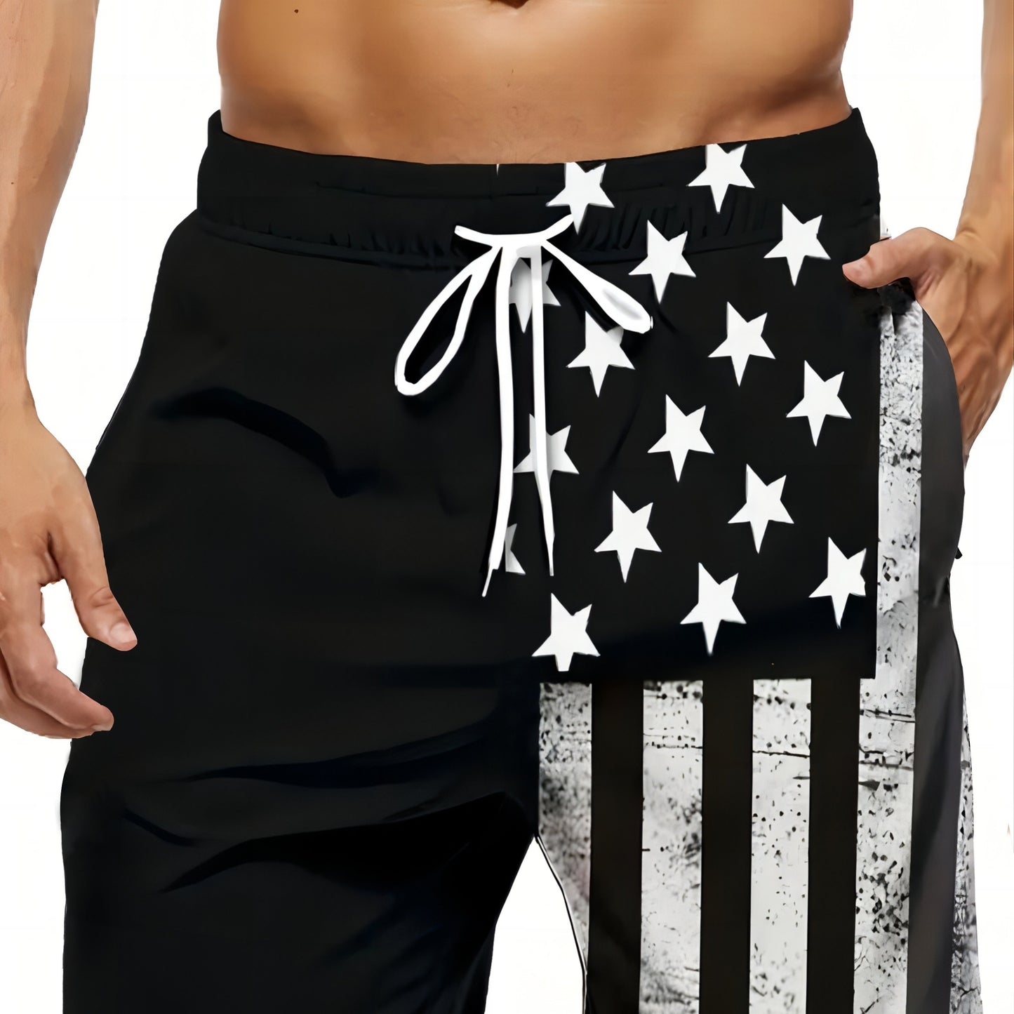 Chic Contrast Color American Flag Pattern Print Shorts - Men's Drawstring Pockets Summer Outdoors Sports Wear