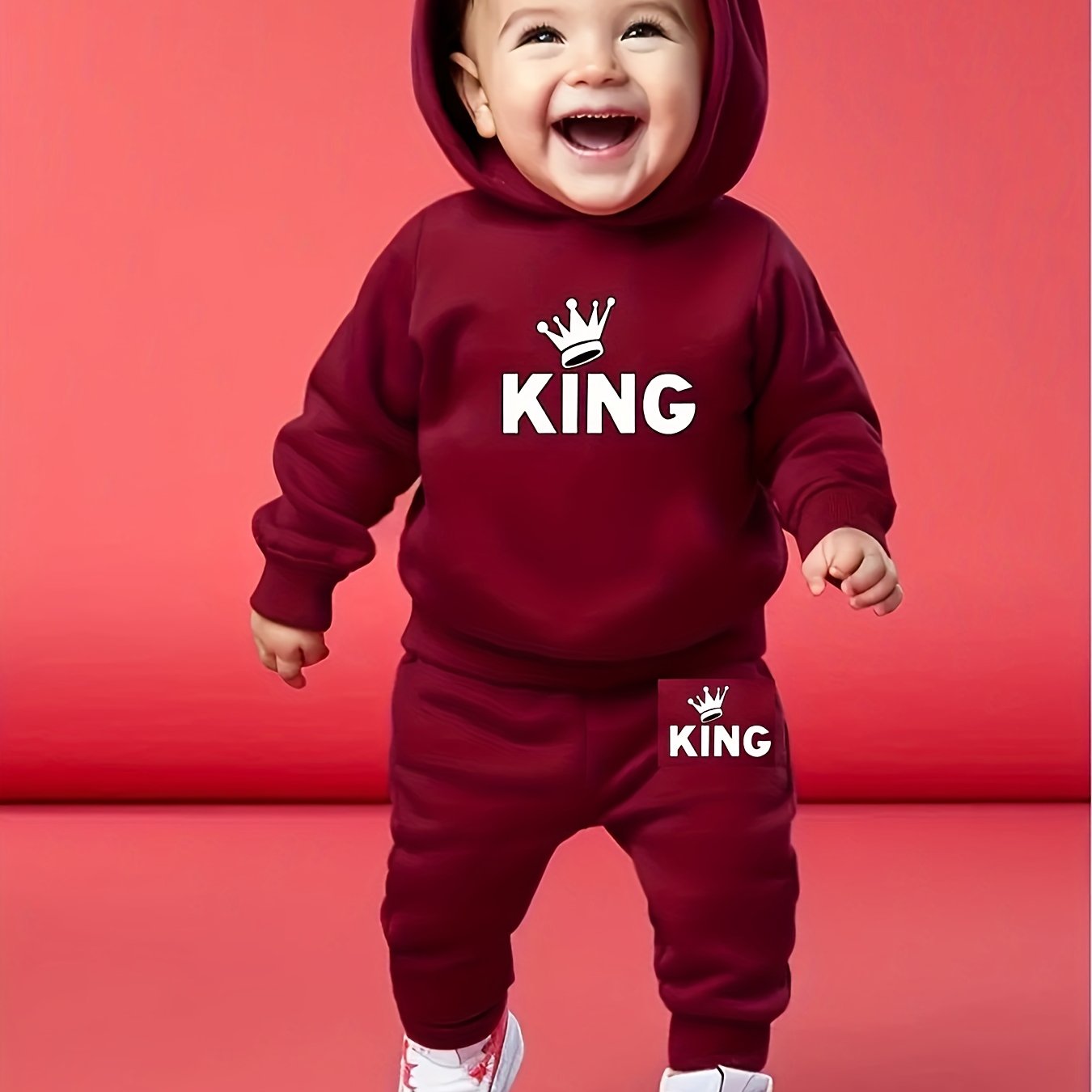 Boys' 2pcs Fall/Winter Outfit, Warm Crew Neck Sweatshirt with "KING" Print & Long Sleeves, Rib-Knit Polyester Knit Fabric, Regular Fit with Matching Pants, Alphabet Pattern, Sports Style, for Outdoor