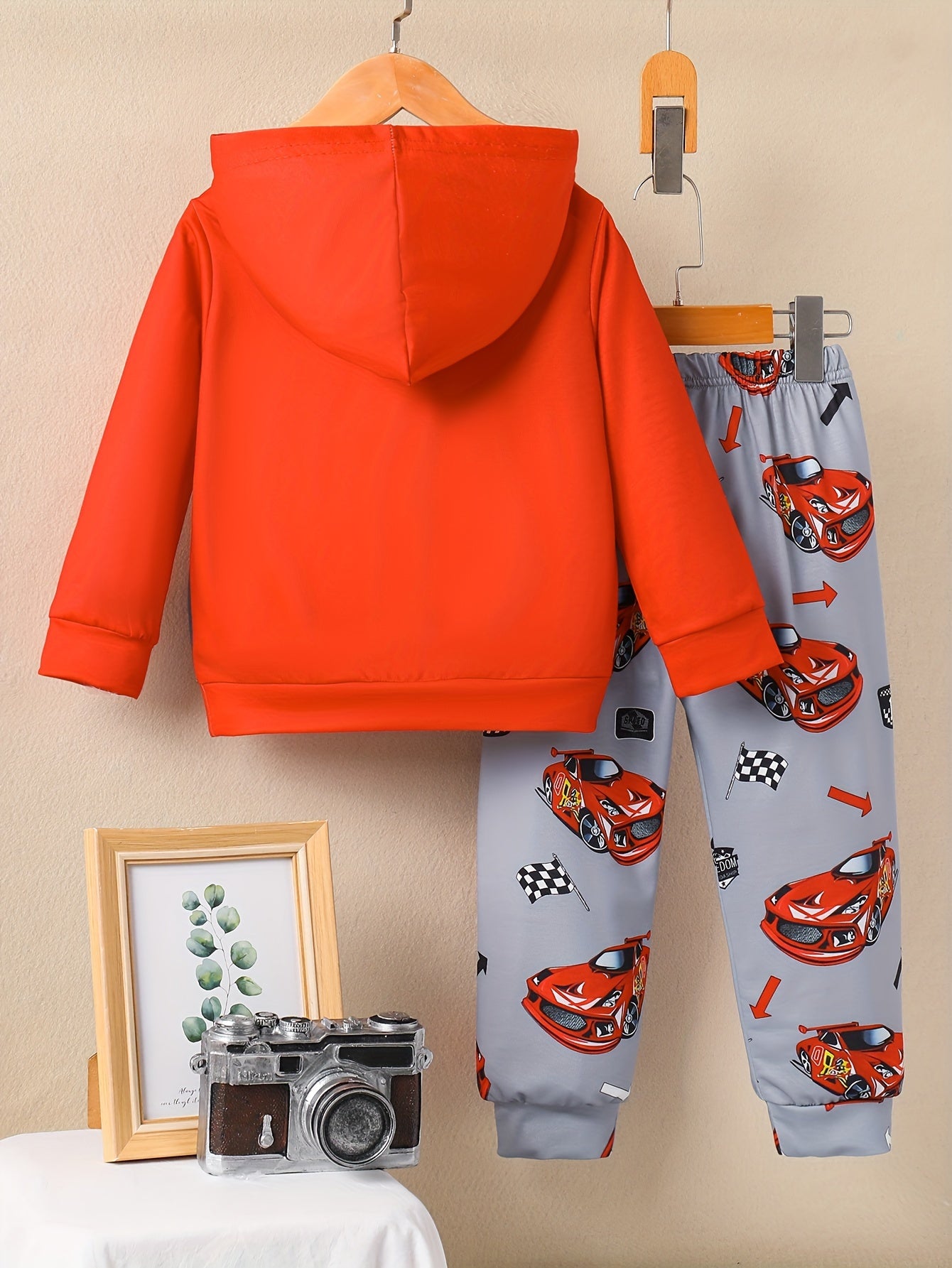 Boys' 2pcs Set, Car Print Hoodie and Pants, Casual Polyester Knit with Spandex, Regular Fit, Long Sleeve, Spring/Autumn Collection, Kids Fashion Outfit, for Outdoor