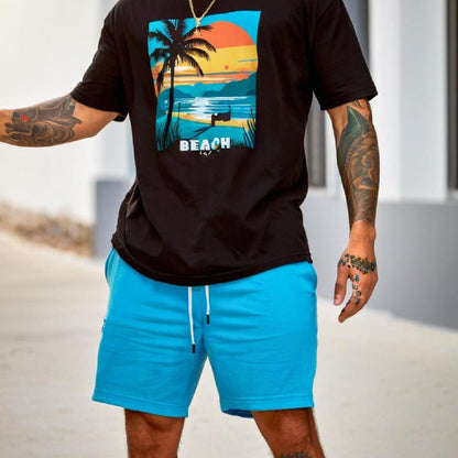 Men's Tropical Beach Print Cotton T-Shirt - Short Sleeve, Regular Fit, Casual & Sporty Design for Casual Attire, Spring & Summer Collection