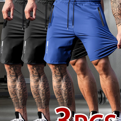 Set of 3 Breathable High-Elastic Drawstring Waist Shorts with Zipper Pockets for Men'S Casual Sports And Jogging.