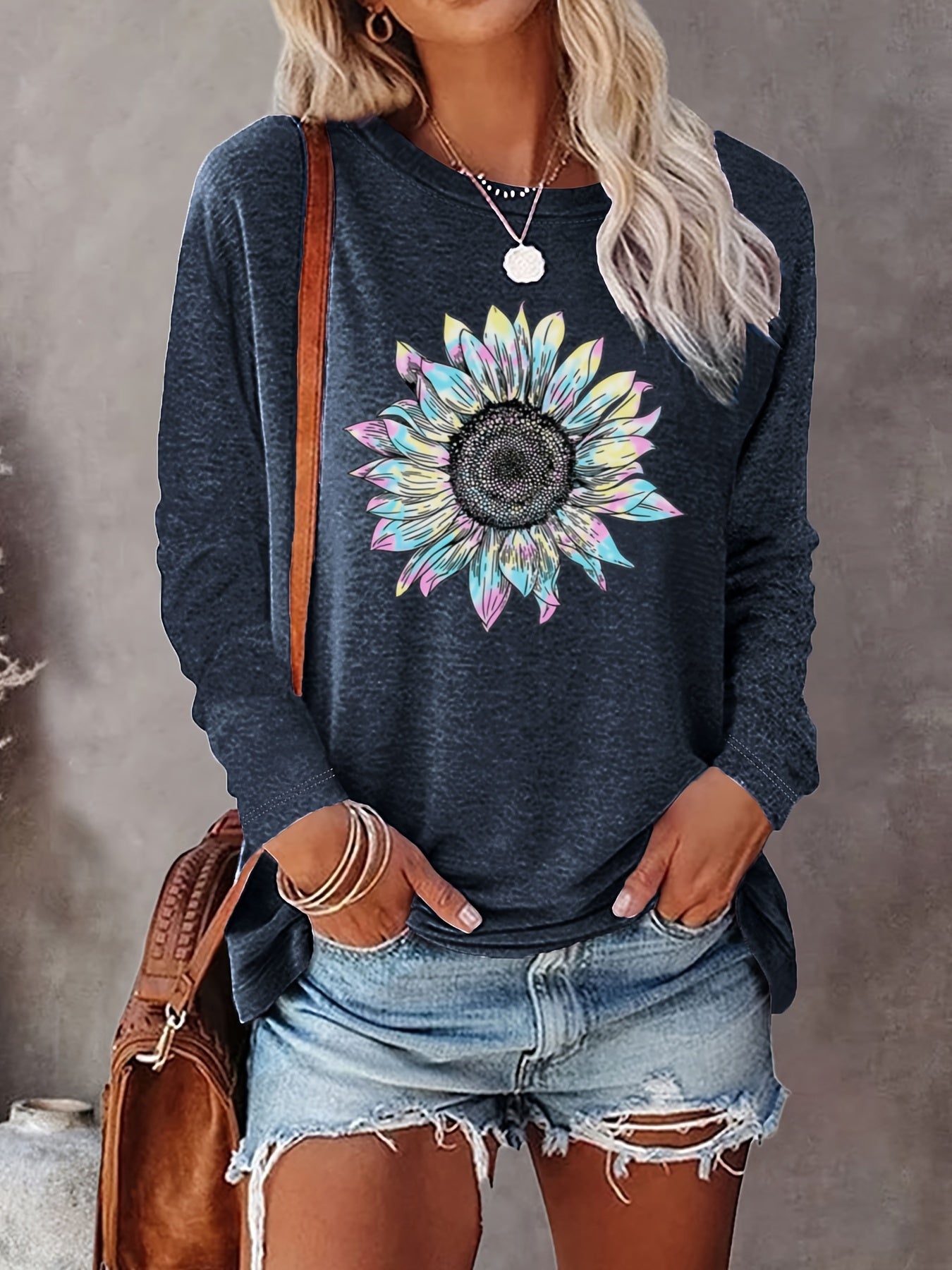 Casual Long Sleeve Sunflower Print Crew Neck Top - Women's Clothing for Spring & Fall