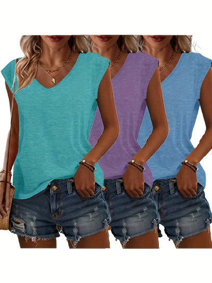 Three Solid Color V-Neck T-Shirts, Casual Short-Sleeve T-Shirts for Spring And Summer, Women'S Clothing.