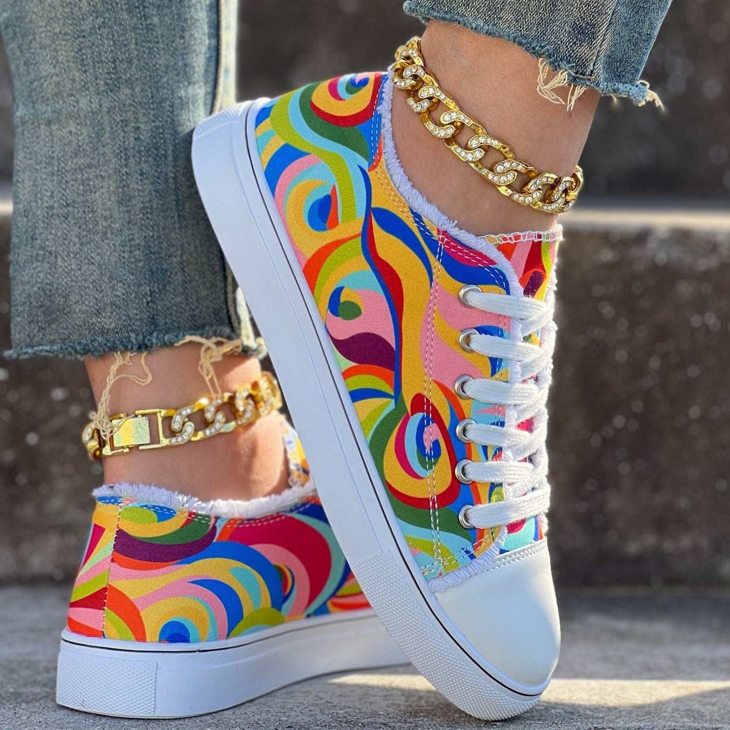 Colorful Color-Matching Print Casual Shoes with Laces