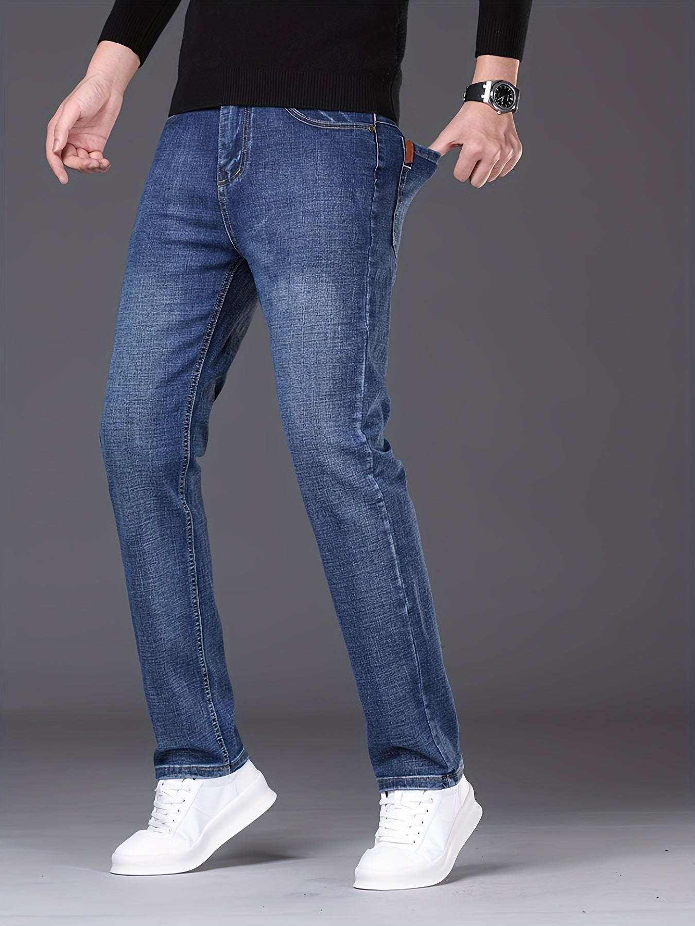 Lightweight Stretch Classic Blue Jeans - Men's Solid Straight-Leg Pants with Pockets, Machine Washable for Everyday & Outdoor Wear