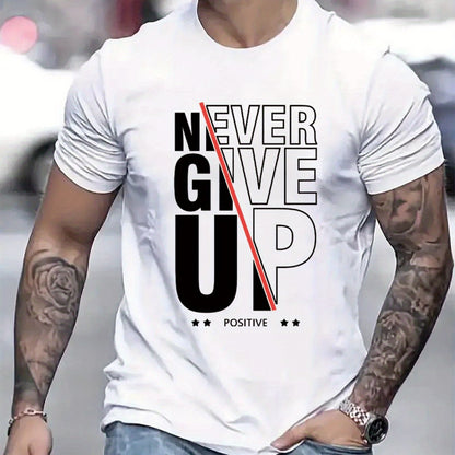 Comfy Casual Never Give Up Print Men's Short Sleeve T-Shirts - Elastic Crew Neck Tops For Outdoor Activities