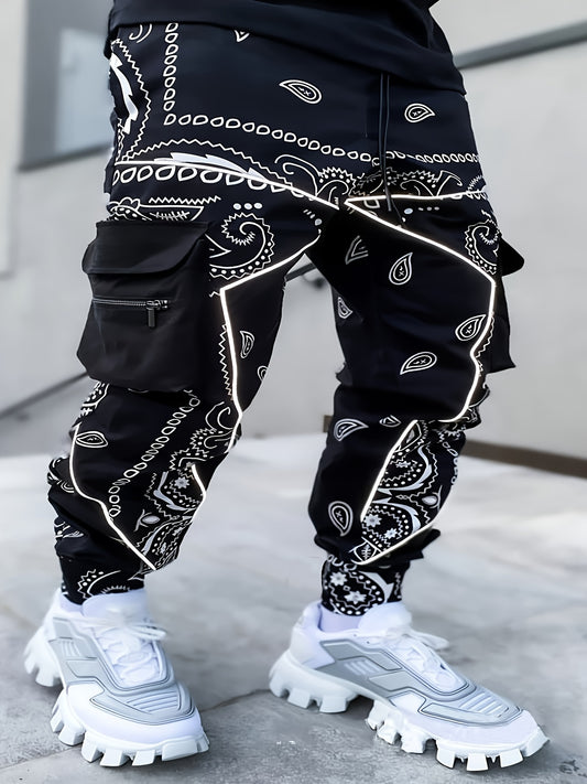 [Multi Pocket Paisley Joggers] Men's Paisley Pattern Multi Pocket Joggers, Casual Sports Pants For Fitness