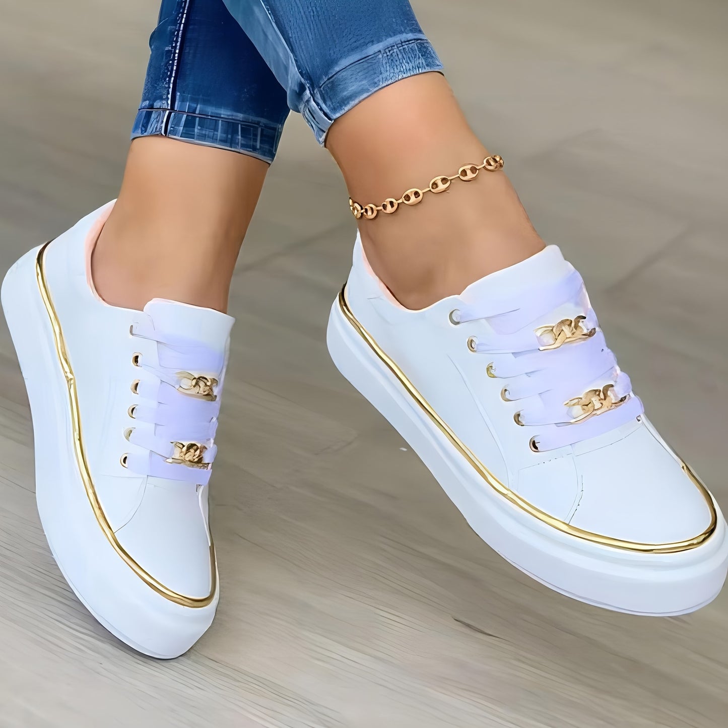 Women's Stylish Canvas Sneakers - White with Golden Accents, Lightweight, Breathable, Comfortable for Casual Wear