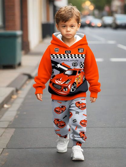 Boys' 2pcs Set, Car Print Hoodie and Pants, Casual Polyester Knit with Spandex, Regular Fit, Long Sleeve, Spring/Autumn Collection, Kids Fashion Outfit, for Outdoor