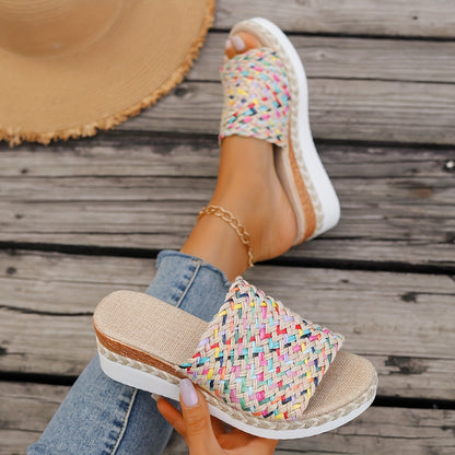 [Colorful Woven Straw Sandals] Women's Colorful Woven Straw Sandals, Platform Slip On Summer Holiday Shoes, Comfort Wedge Beach Shoes