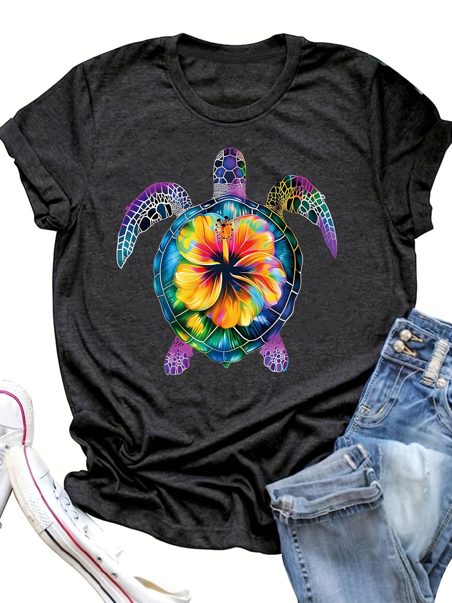 [Tropical Flowers] Turtle Tropical Flowers Print T-Shirt | Short Sleeve Crew Neck | Women's Clothing | Casual Top for Summer & Spring