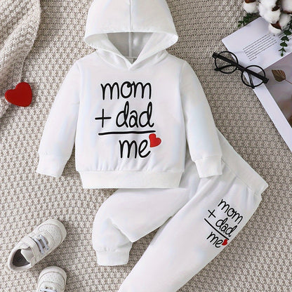 Two-piece Youngsters Boys Fashion Casual Spring and Autumn New Valentine's Day Father's Day Mother's Day Love Love Dad Mom Letter Pattern Long Sleeve Hoodie and Pants Combination Set, Perfect for Outdoor