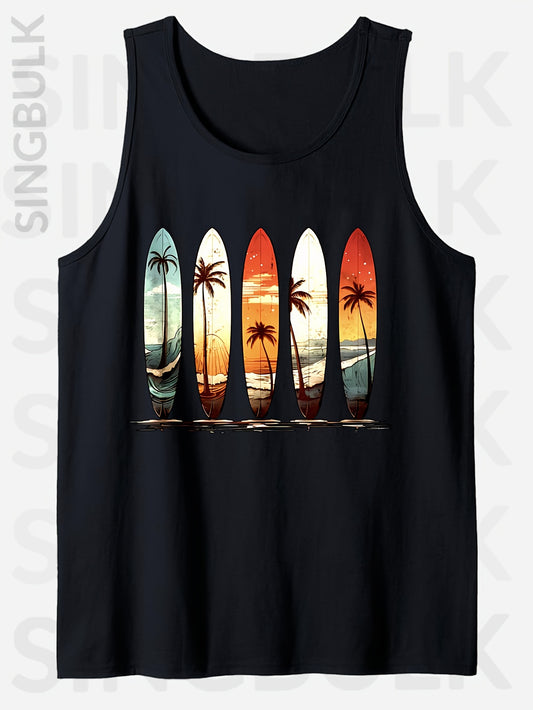 Men's Cotton Graphic Tee - Comfy, Casual, Sleeveless Tank Top with Beach Palm Trees Print for Summer Outdoor Wear