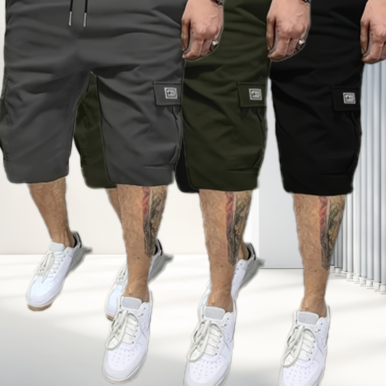 Summer 3-Pack Men's Casual Cargo Shorts - 100% Polyester, Solid Color, Regular Fit with Pockets - 390g/m² Non-Stretch Fabric, Loose Straight Leg Sports Trousers