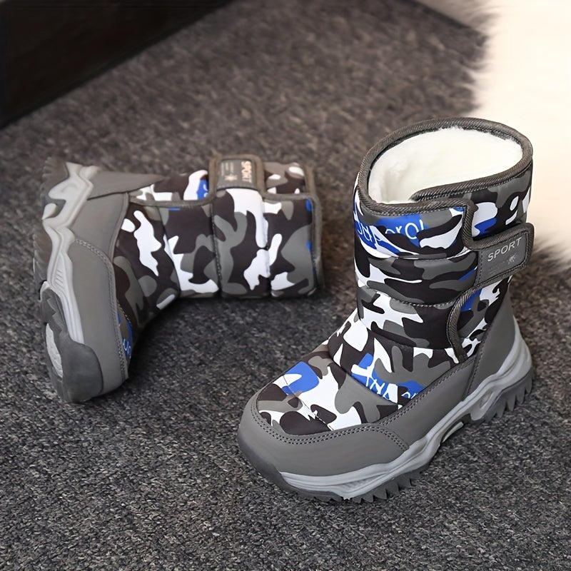 Youngsters' High-Top Winter Snow Boots - Warm Insulated TPR Sole & EVA Cushion, Camouflage Pattern (Blue/Black/Pink/Beige) | Unisex Youngsters & Youth Cold Weather Boots for Outdoor Activities