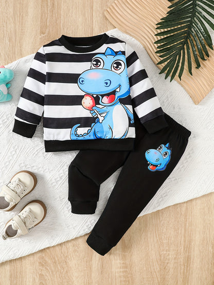 European and American Boys' Autumn and Winter Hot Sale Cute Cartoon Dinosaur Pattern Striped Hoodie + Black Dinosaur Pattern Sweatpants Two-piece Set