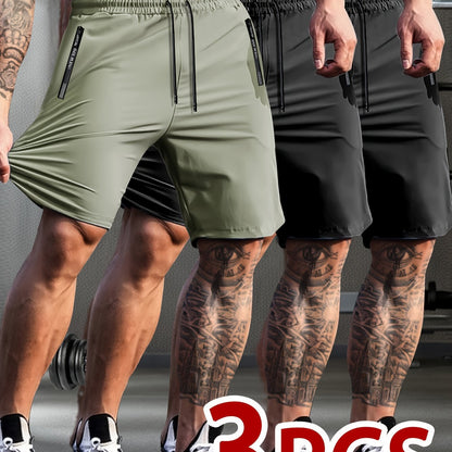 Set of 3 Breathable High-Elastic Drawstring Waist Shorts with Zipper Pockets for Men'S Casual Sports And Jogging.