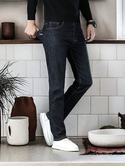 Men's Classic Business Casual Jeans - Versatile All-Season Denim, Regular Fit, Solid Blue with White Stitching Details, Polyester Blend, Machine Washable, Everyday Denim|Classic Jean Design|Polyester Blend Denim