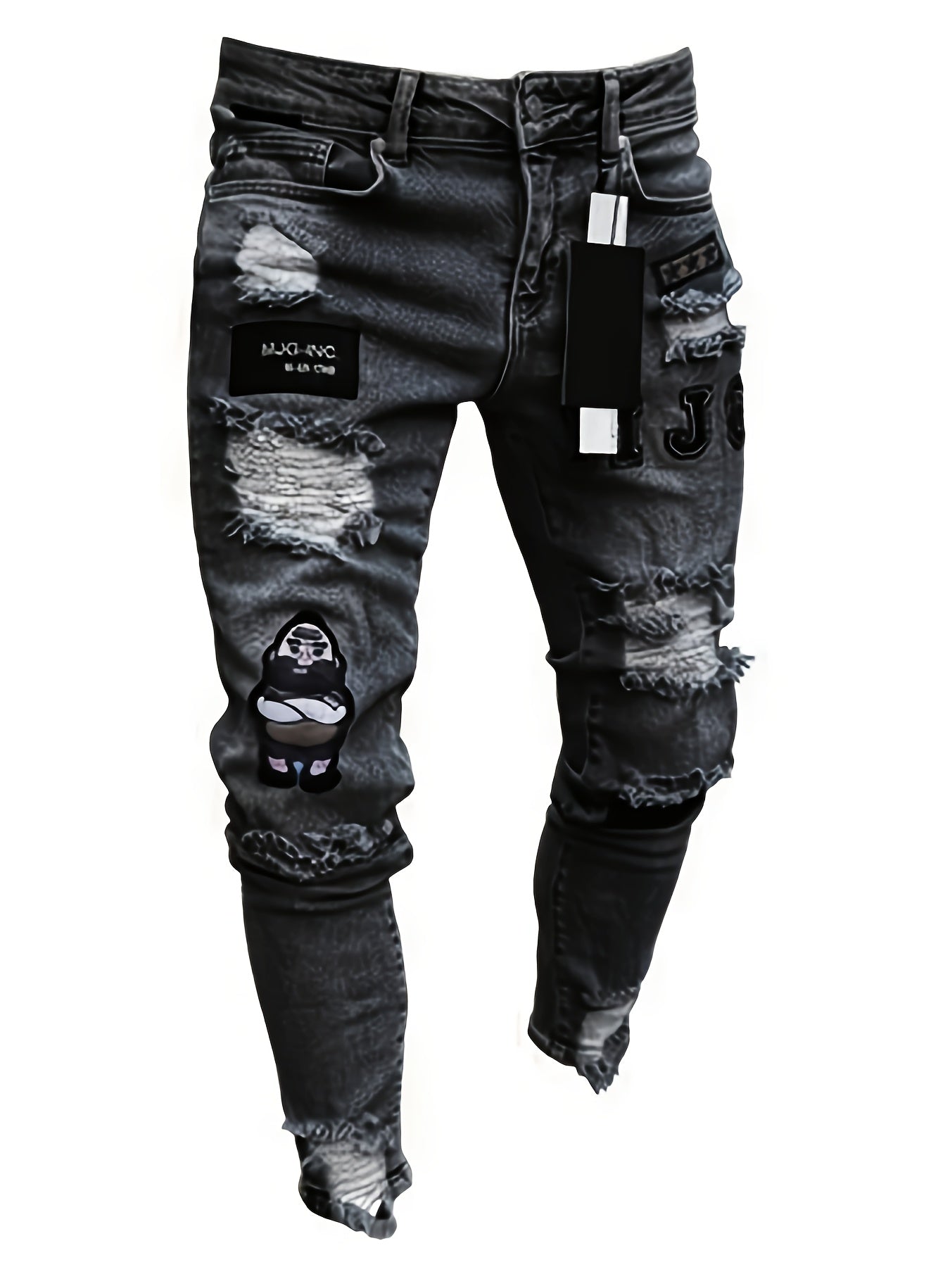 [Skinny Ripped Men Jeans] Men Casual Skinny Ripped Jeans, Stretch Distressed Slim Fit Pants, Destroyed Zipper Holes Embroidery Trousers