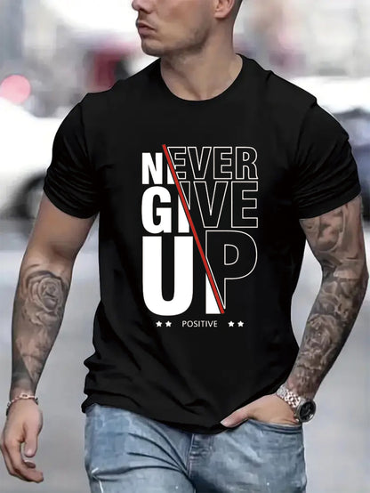 Comfy Casual Never Give Up Print Men's Short Sleeve T-Shirts - Elastic Crew Neck Tops For Outdoor Activities