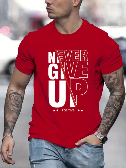 Comfy Casual Never Give Up Print Men's Short Sleeve T-Shirts - Elastic Crew Neck Tops For Outdoor Activities